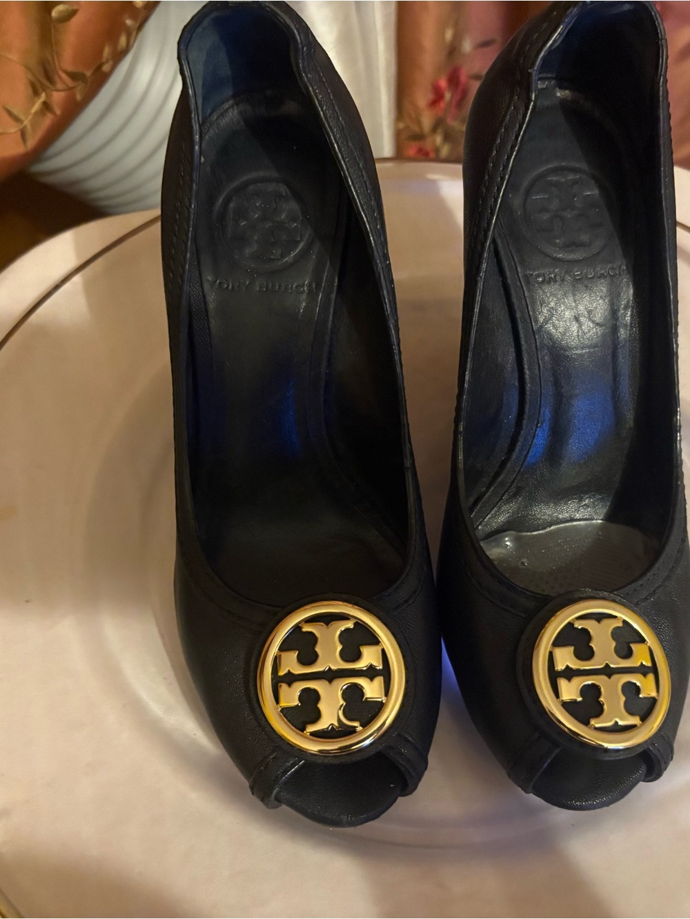 Tory Burch Black Leather Peep-Toe Pumps with Gold Emblem